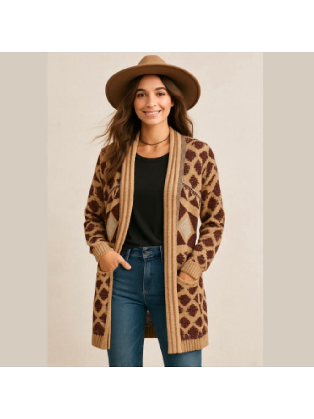 ENTRO Aztec Print Boho Tan Long Cardigan Sweater size Medium
